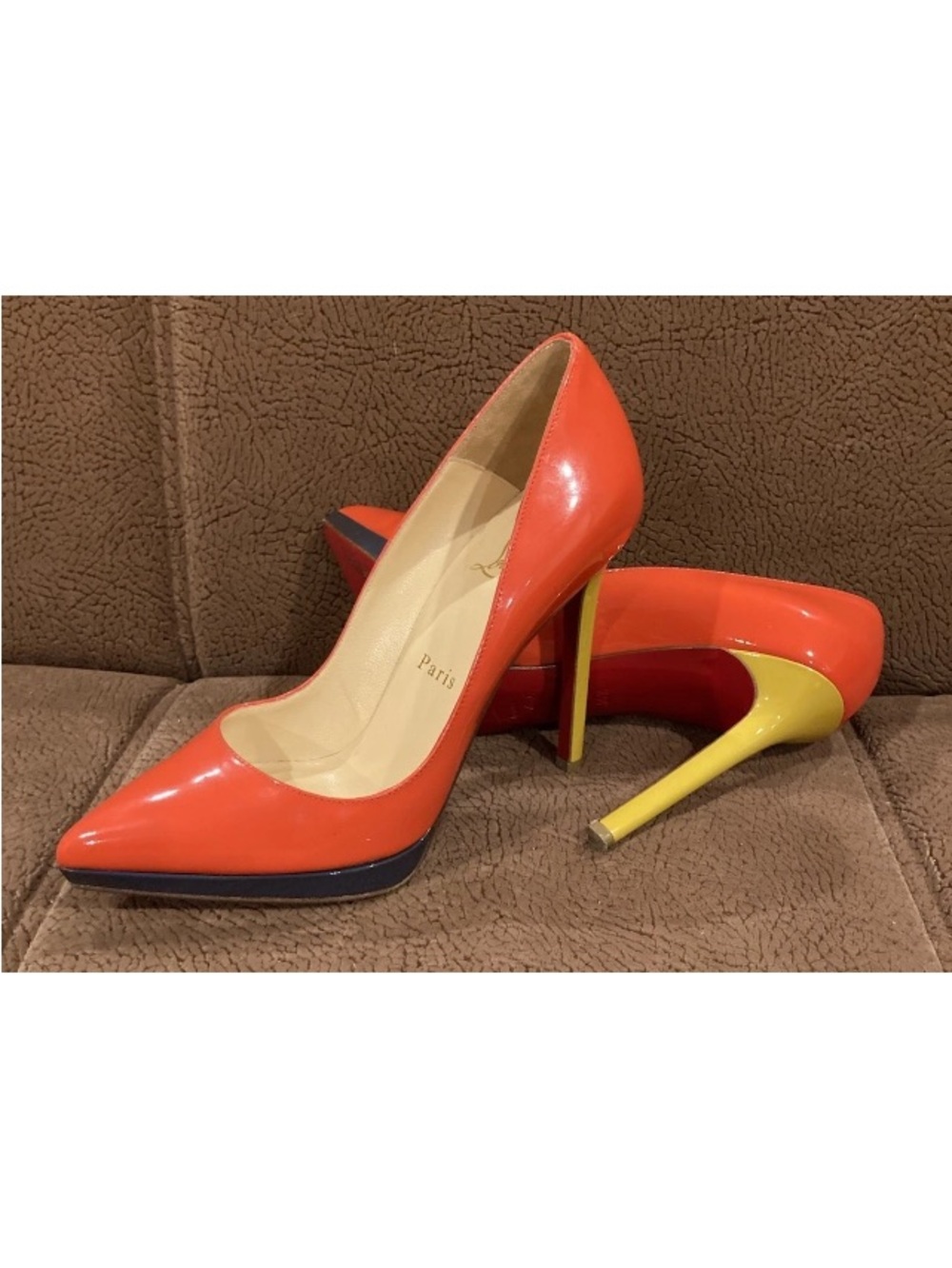 Christian Louboutin Orange Purple Patent Leather Pumps with Yellow Stiletto Heel